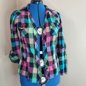 Rue21 EUC 2010's Y2K Juniors Medium Bright Rainbow Plaid Button Up